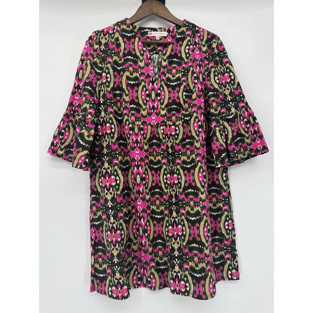 Jude Connally M Pink Dress Geometric Tunic Bell Sleeve Abstract Mod Artsy USA - Picture 3 of 10